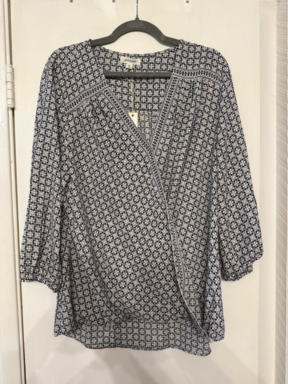 Max Studio Navy & White Printed Wrap Blouse